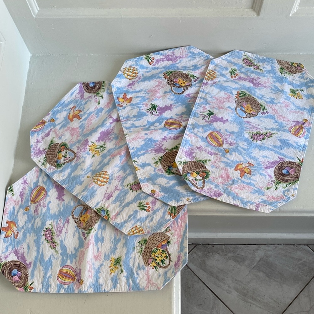 Bundle of 4 Vintage Easter Cloth Placemats Oval Tulips Basket Eggs Birds Clouds